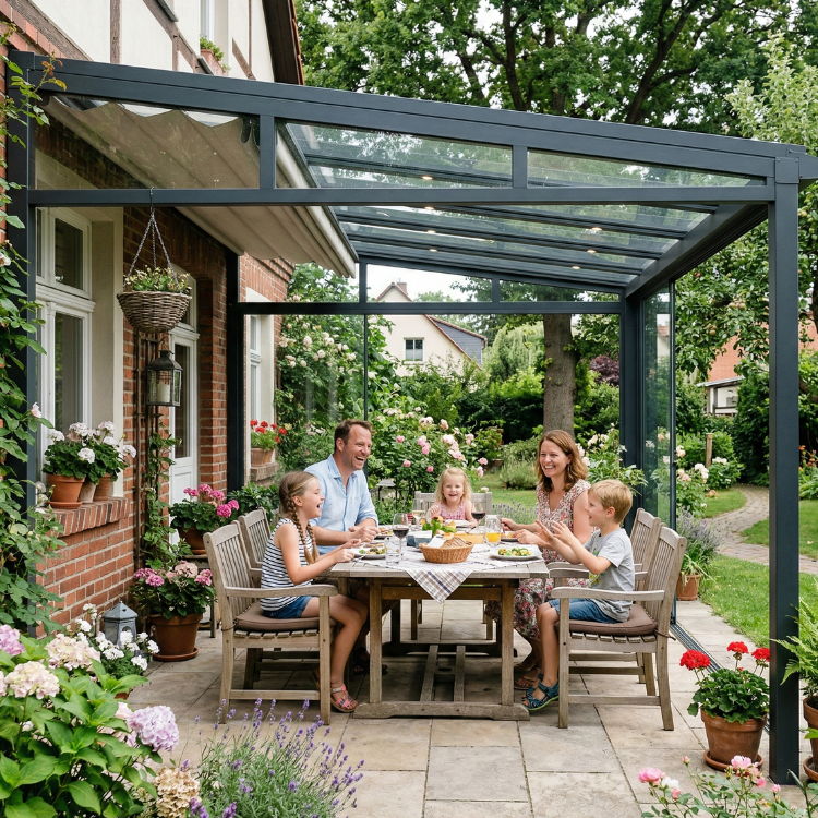 Terrassenüberdachung Potsdam - Zufriedene Familie sitzt unter ihrem Terrassendach