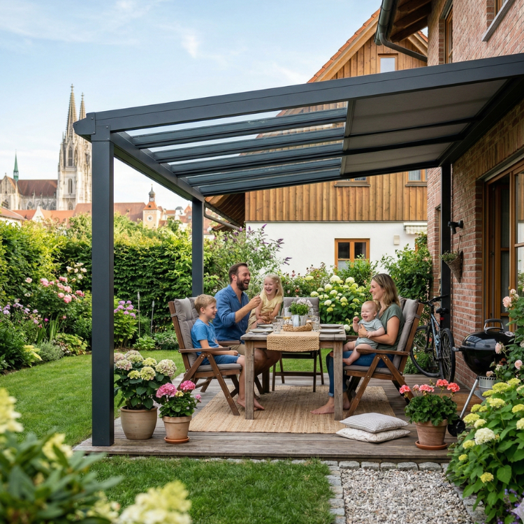 Terrassenüberdachung Regensburg - Glückliche Familie in Bayern unter ihrem Terrassendach