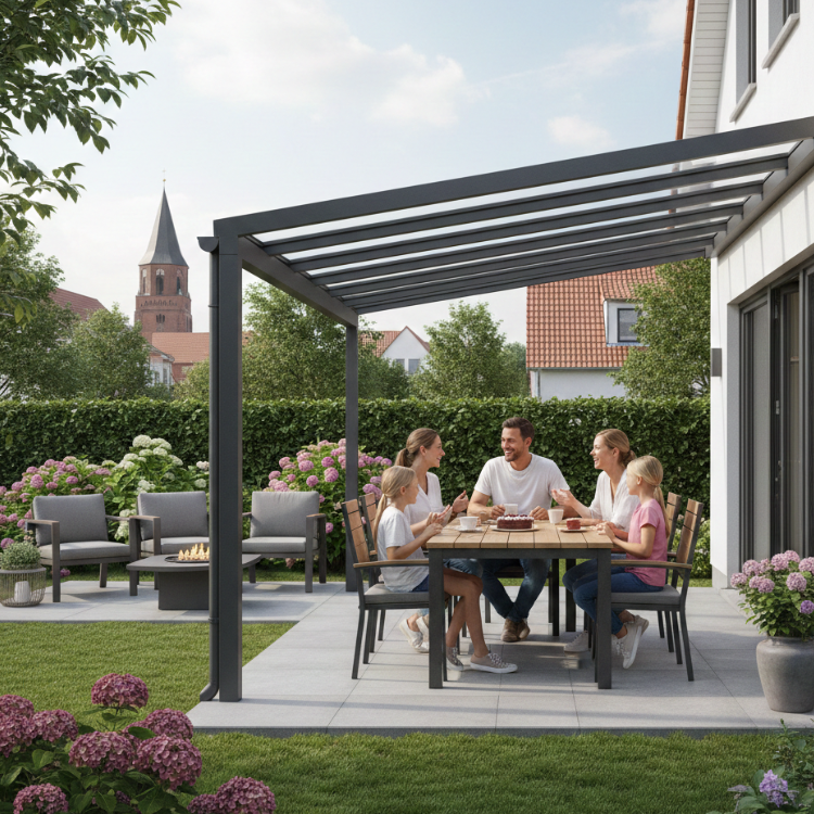 Terrassenüberdachung Rostock - Glückliche Familie sitzt in ihrem Garten