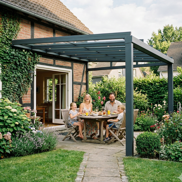 Terrassenüberdachung Solingen - Glückliche Familie sitzt unter ihrem Terrassendach