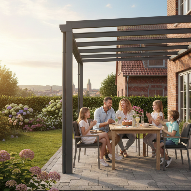 Terrassenüberdachungen Wiesbaden - Familie sitzt im Garten unter ihrem Terrassendach