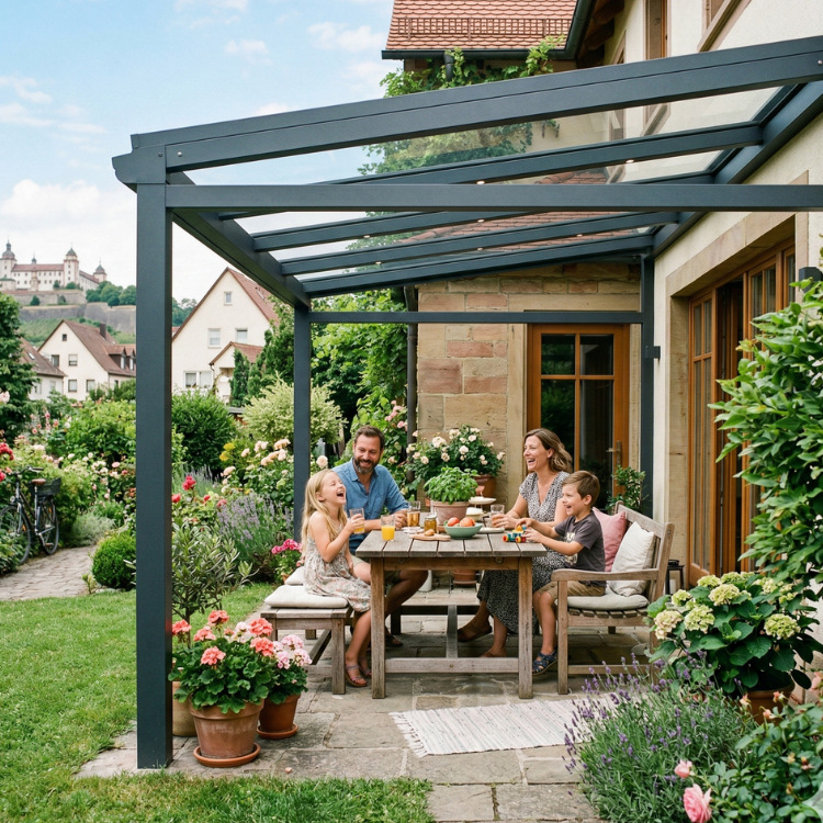 Terrassenüberdachungen Würzburg - Familie sitzt im Garten unter ihrer Pergola