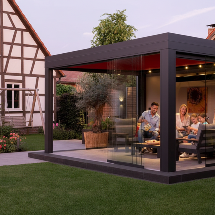 TS-Aluminium Terrassenüberdachung Modell Flachdach - glückliche Familie sitzt im Garten