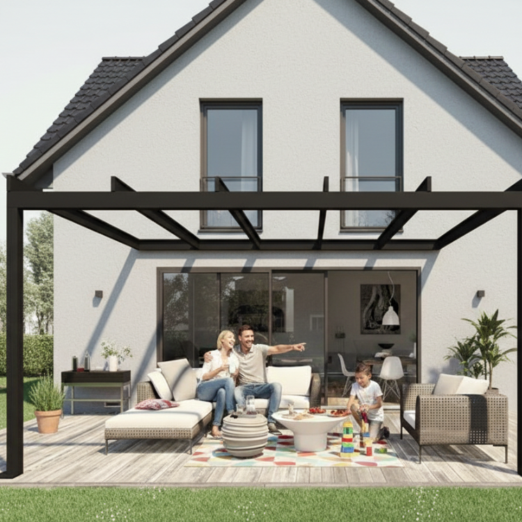 Weinor Terrassenüberdachung - Terrazza Pure mit glücklicher Familie