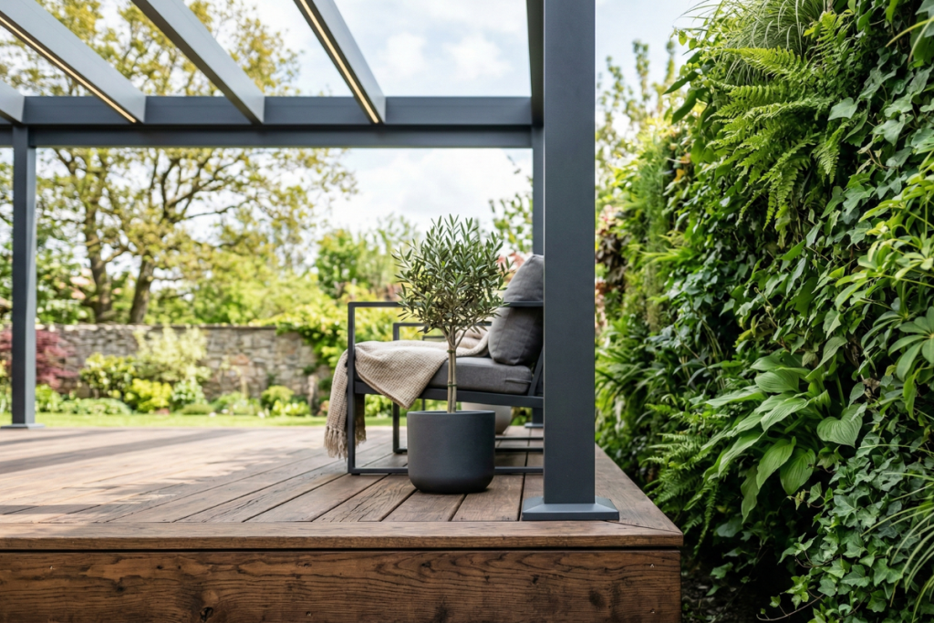 Outdoor-Wohnzimmer - Übergang zwischen Garten und Terrasse mit Überdachung