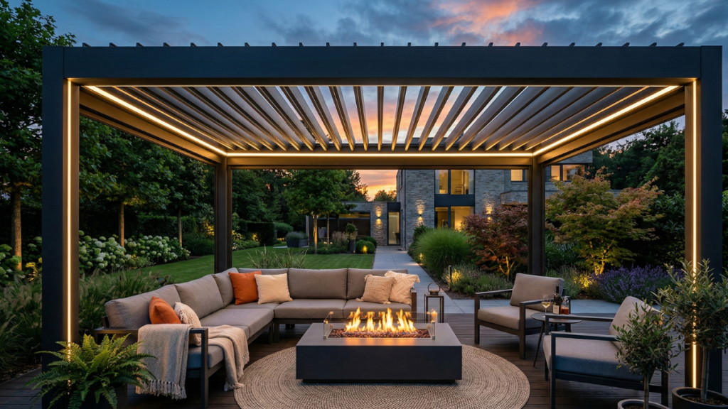 Outdoor-Wohnzimmer - Schönes Ambiente einer Pergola bei Dämmerung