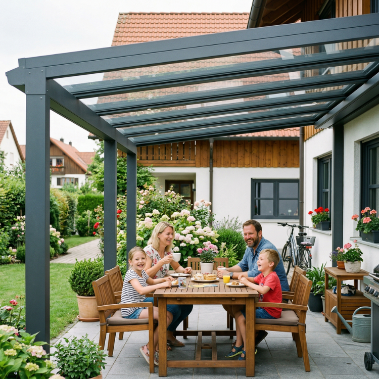Terrassenüberdachung Villingen-Schwenningen - Familie sitzt im Garten unter ihrem Terrassendach