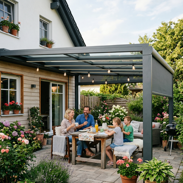 Terrassenüberdachung Dessau-Roßlau - Familie sitzt im Garten unter ihrem Terrassendach