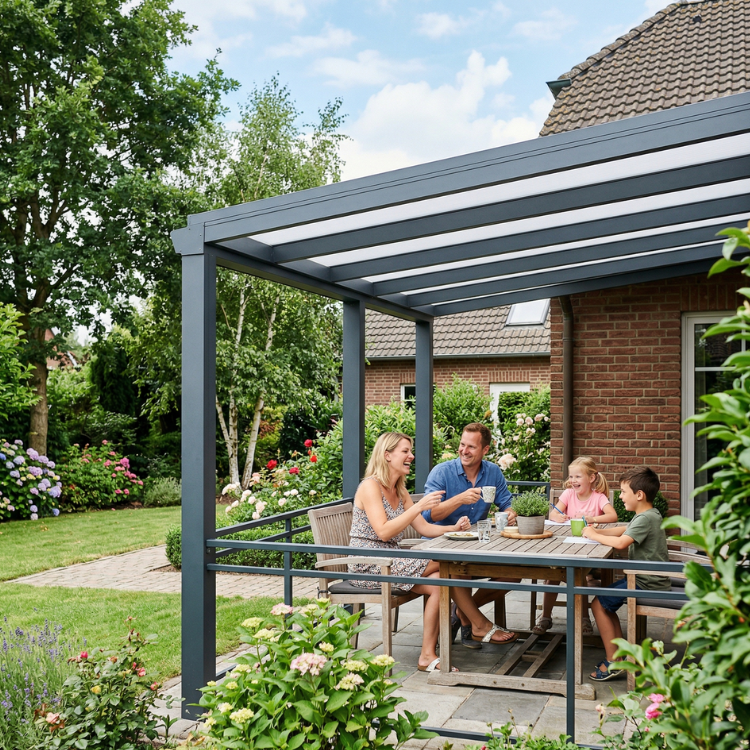 Terrassenüberdachung Düren - Familie sitzt im Garten unter ihrem Terrassendach