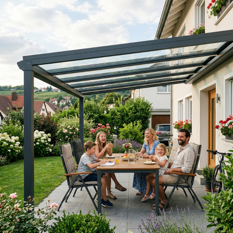 Terrassenüberdachung Esslingen - Zufriedene Familie sitzt unter ihrem Terrassendach