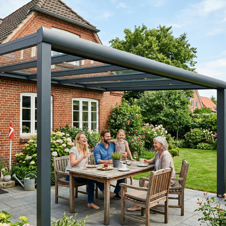 Terrassenüberdachung Flensburg - Familie sitzt bei Kaffee & Kuchen unter ihrer Überdachung