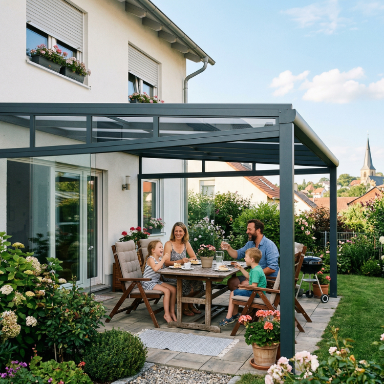 Terrassenüberdachung Gera - Glückliche Familie sitzt in ihrem Garten