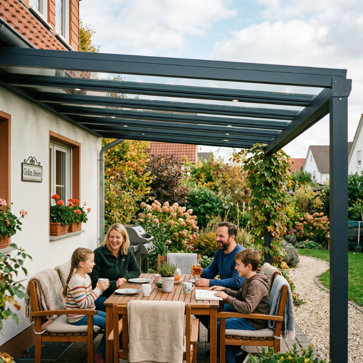 Terrassenüberdachung Gießen - Glückliche Familie sitzt unter ihrem Terrassendach