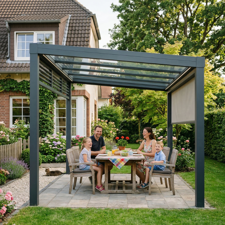 Terrassenüberdachung Hanau - Familie sitzt im Garten unter ihrem Terrassendach