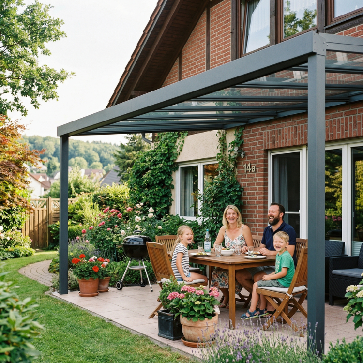 Terrassenüberdachung Iserlohn - Eltern mit ihren Kindern sitzen auf ihrem Balkon