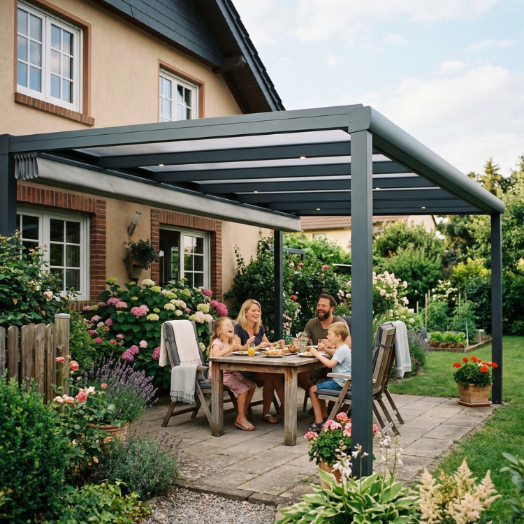 Terrassenüberdachung Kaiserslautern - Familie sitzt im Garten unter ihrem Terrassendach