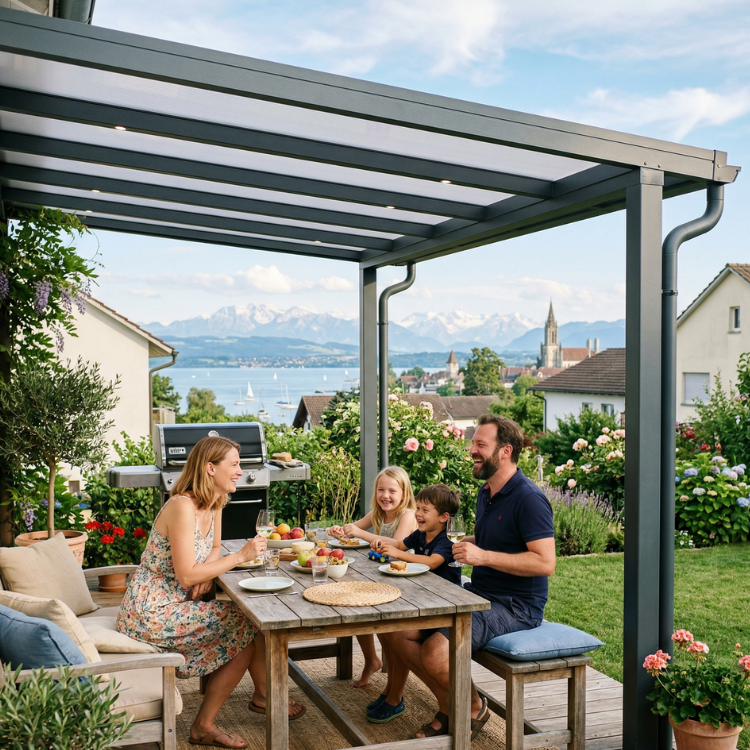 Terrassenüberdachung Konstanz - Familie sitzt im Garten unter ihrem Terrassendach