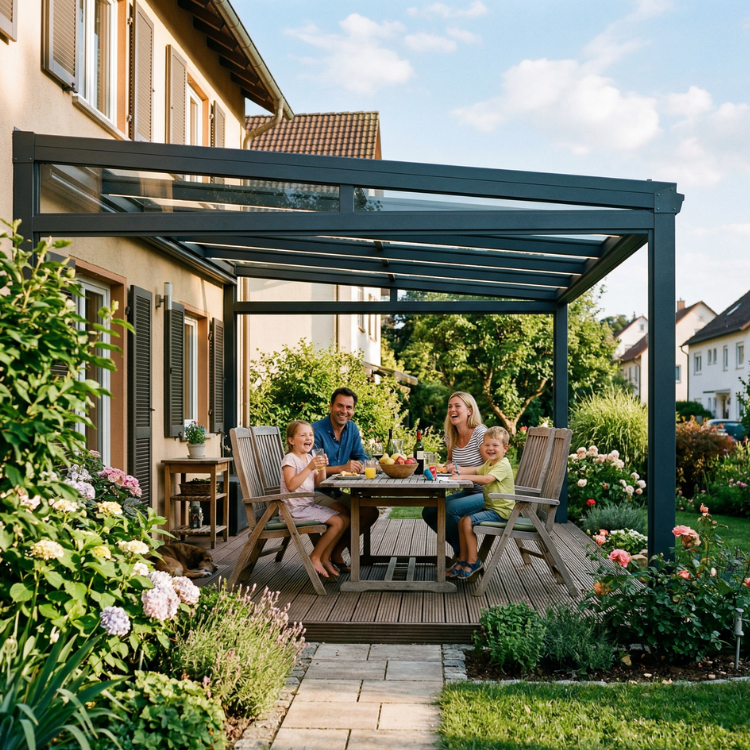 Terrassenüberdachung Ludwigsburg - Familie sitzt im Garten unter ihrem Terrassendach