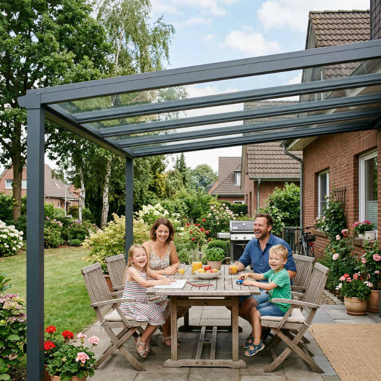 Terrassenüberdachung Marl - Familie sitzt im Garten unter ihrem Terrassendach