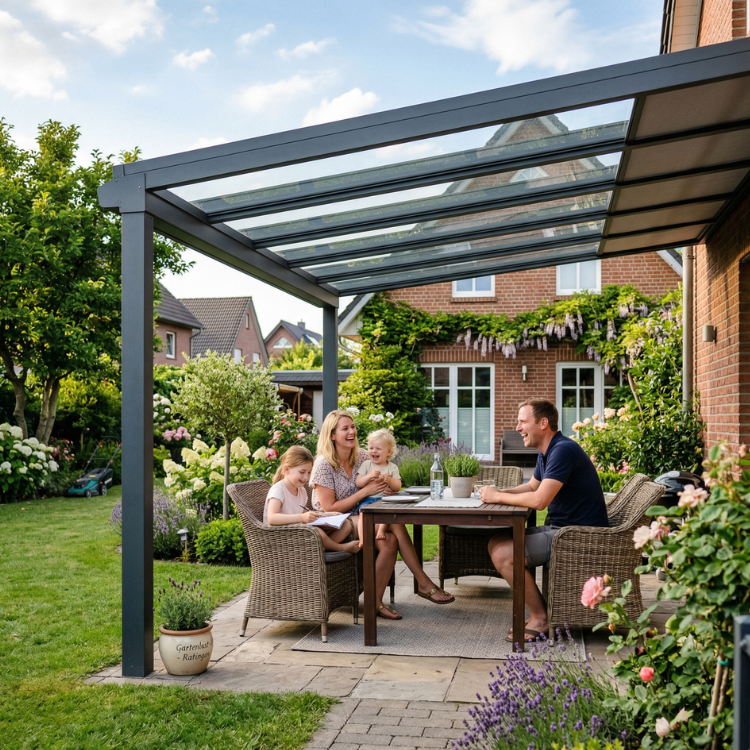 Terrassenüberdachung Ratingen - Zufriedene Familie sitzt unter ihrem neuen Terrassendach