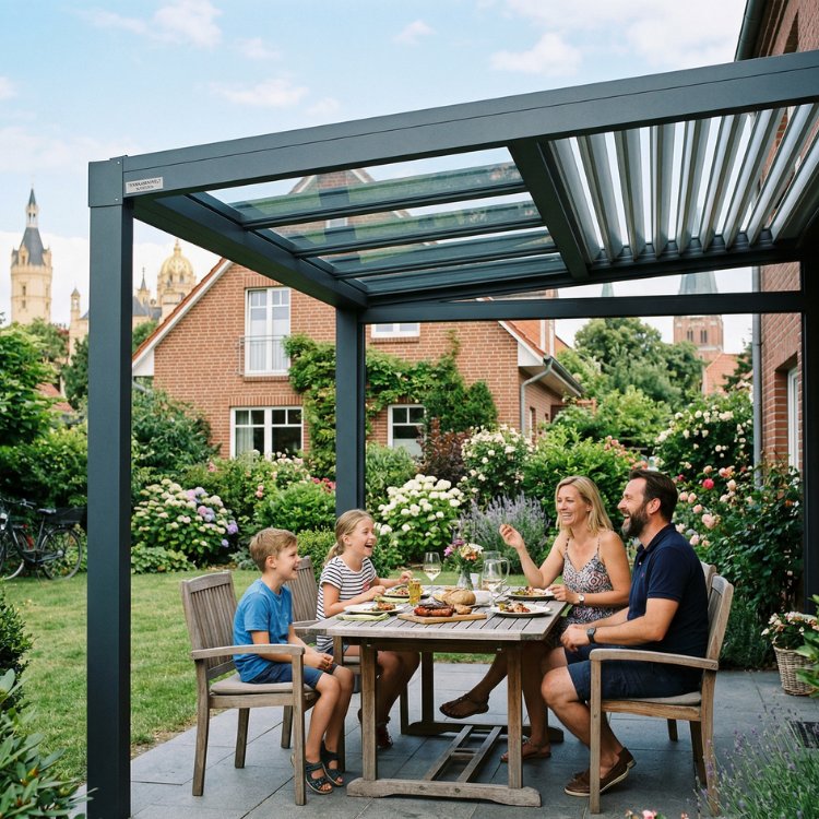 Terrassenüberdachung Schwerin - Glückliche Familie sitzt unter ihrem Terrassendach