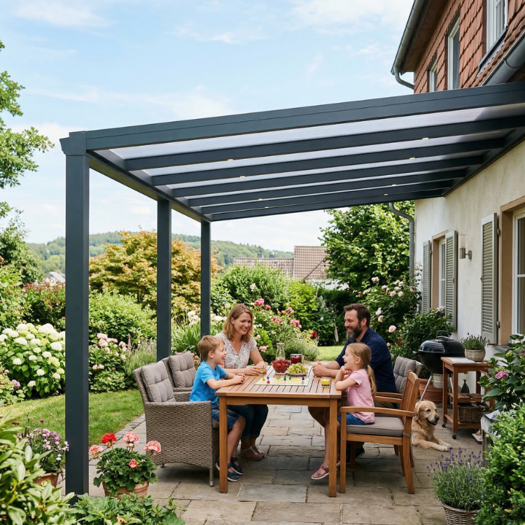 Terrassenüberdachung Siegen - Glückliche Familie sitzt unter ihrem Terrassendach
