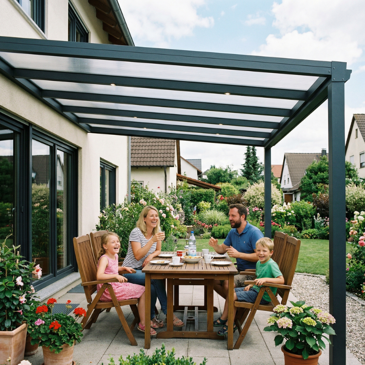 Terrassenüberdachungen Tübingen - Zufriedene Famlie sitzt unter ihrem Terrassendach