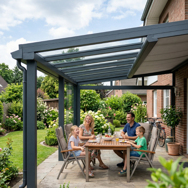 Terrassenüberdachung Witten - Glückliche Familie sitzt unter ihrem Terrassendach
