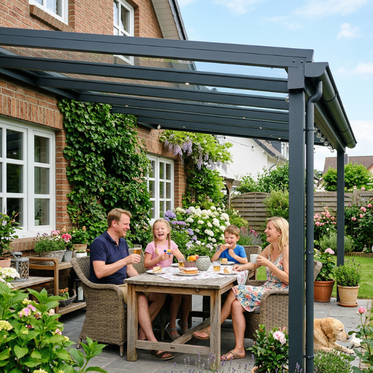 Terrassenüberdachung Worms - Glückliche Familie sitzt unter ihrem Terrassendach