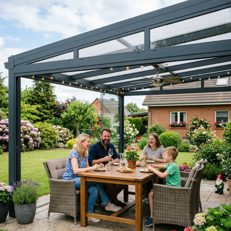 Terrassenüberdachung Zwickau - Eine Familie sitzt im Garten unter ihrem Terrassensystem
