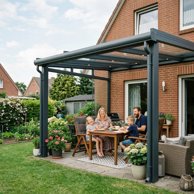 Terrassenüberdachung Bremerhaven - Zufriedene Familie sitzt unter ihrem Terrassendach
