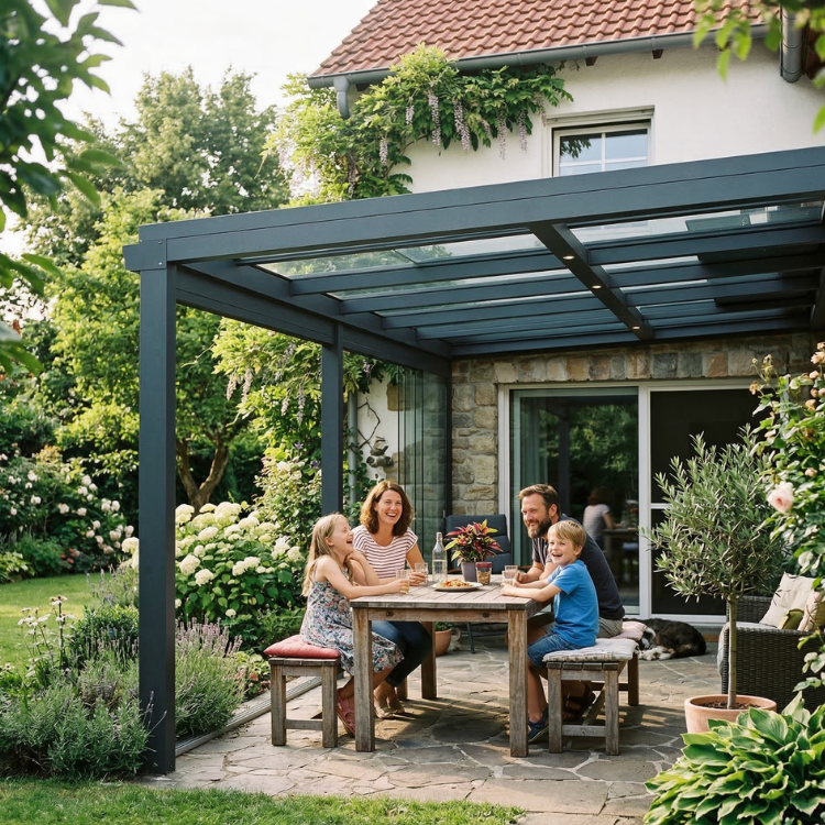 Terrassenüberdachung Bergisch Gladbach - Familie im Gartern unter ihrem Terrassendach