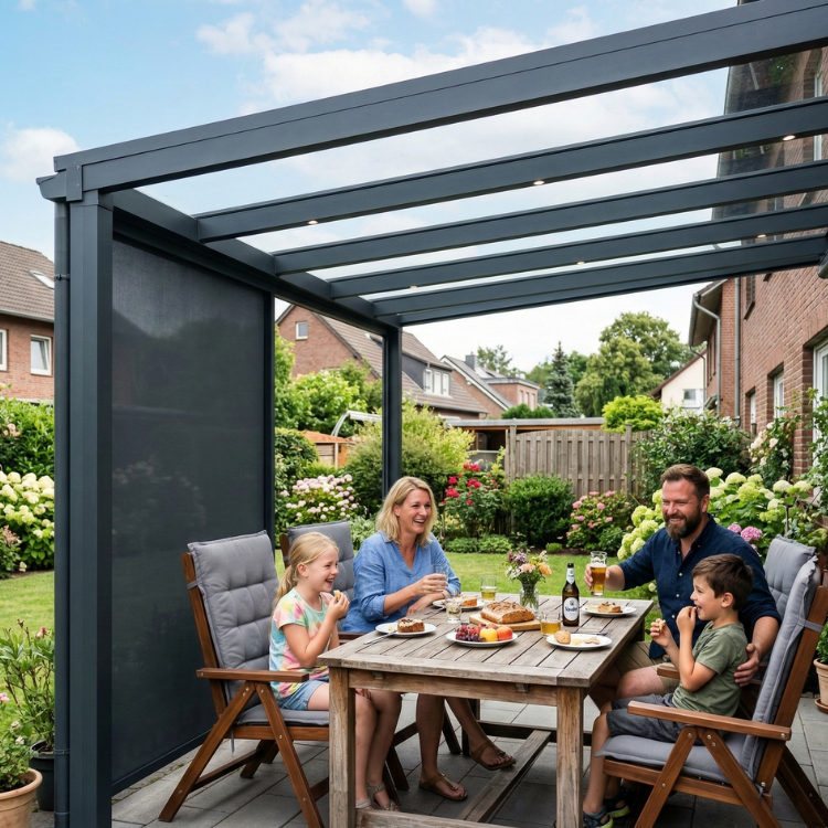 Terrassenüberdachung Bottrop - Zufriedene Familie sitzt unter ihrem Terrassendach