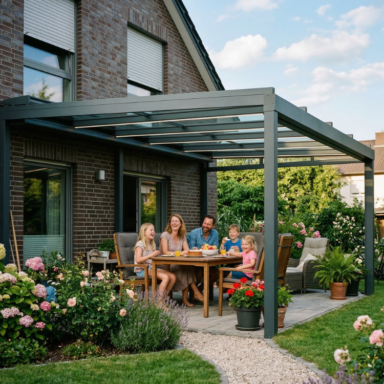 Terrassenüberdachungen Erlangen - Familie sitzt im Garten unter ihrer Pergola