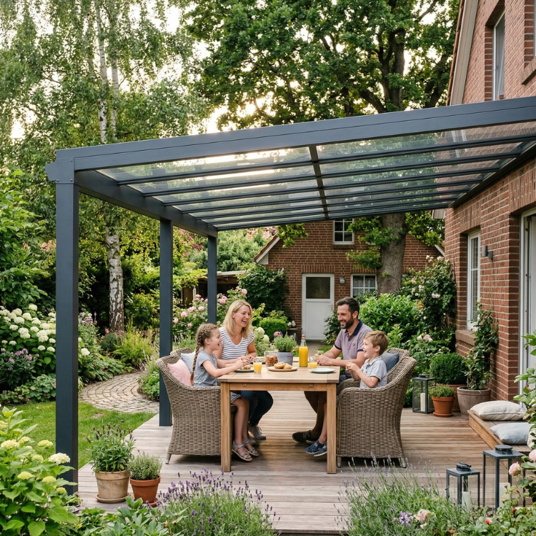 Terrassenüberdachung in Göttingen - Glückliche Familie unter ihrem Terrassendach
