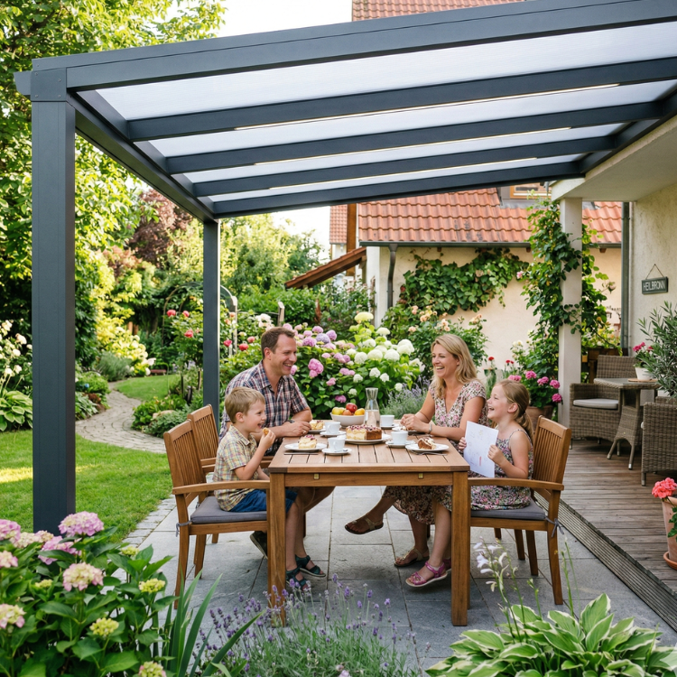Terrassenüberdachung Heilbronn - Glückliche Familie sitzt unter ihrem Terrassendach