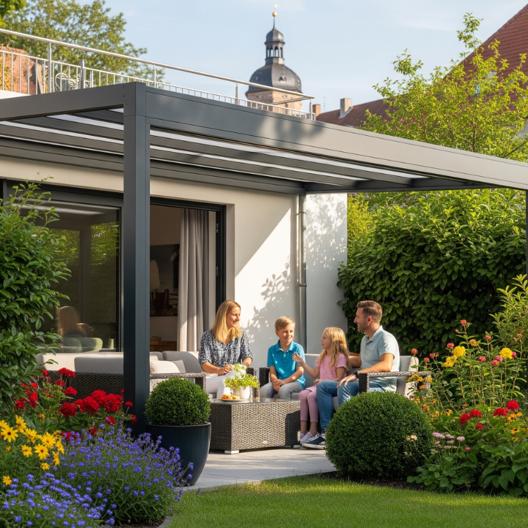 Terrassenüberdachung Jena - Glückliche Familie sitzt in ihrem Garten