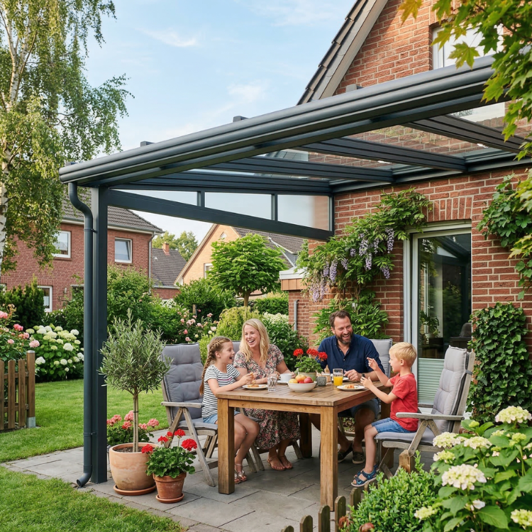 Terrassenüberdachung Moers- Familie sitzt im Garten unter ihrem Terrassendach