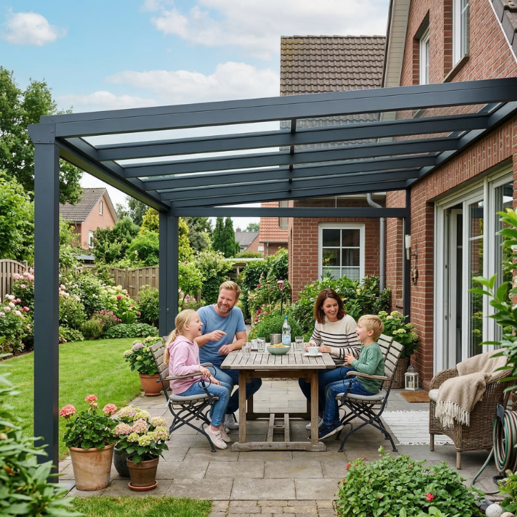 Terrassenüberdachung Recklinghausen - Familie sitzt im Garten unter ihrem Terrassendach