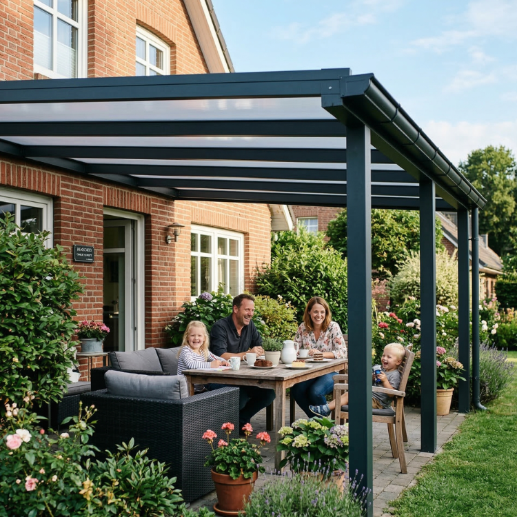 Terrassenüberdachung Remscheid - Zufriedene Familie sitzt unter ihrem Terrassendach