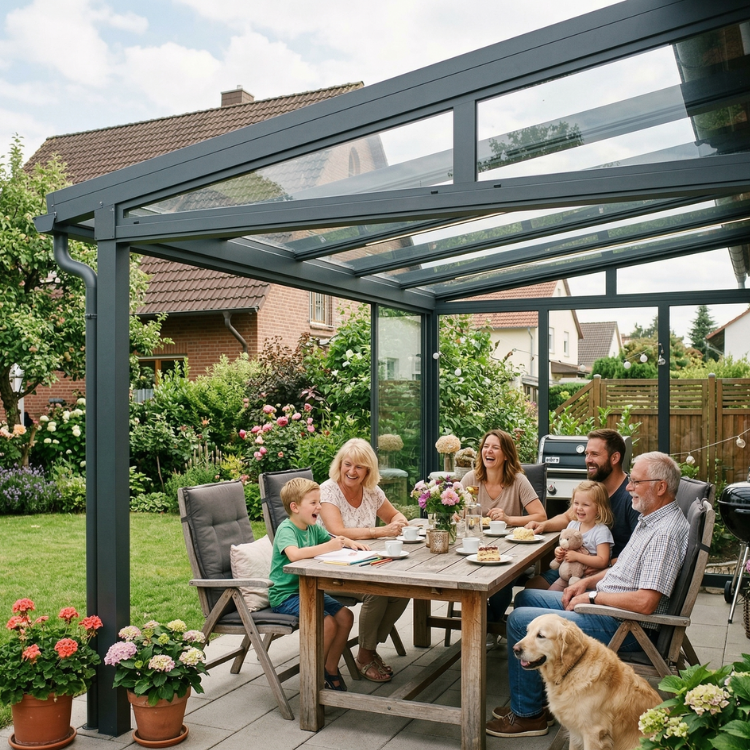 Terrassenüberdachung Reutlingen - Glückliche Familie sitzt unter ihrem neuen Terrassendach
