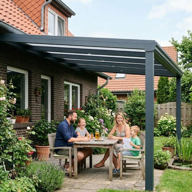 Terrassenüberdachung Salzgitter - Familie sitzt im Garten unter ihrem Terrassendach