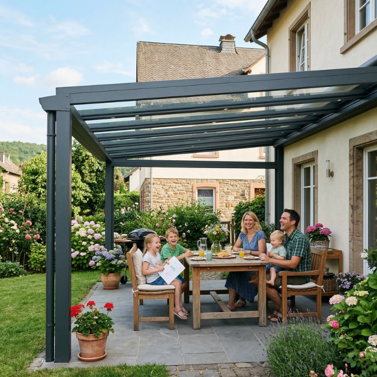 Terrassenüberdachung Trier - Glückliche Familie sitzt unter ihrem Terrassendach