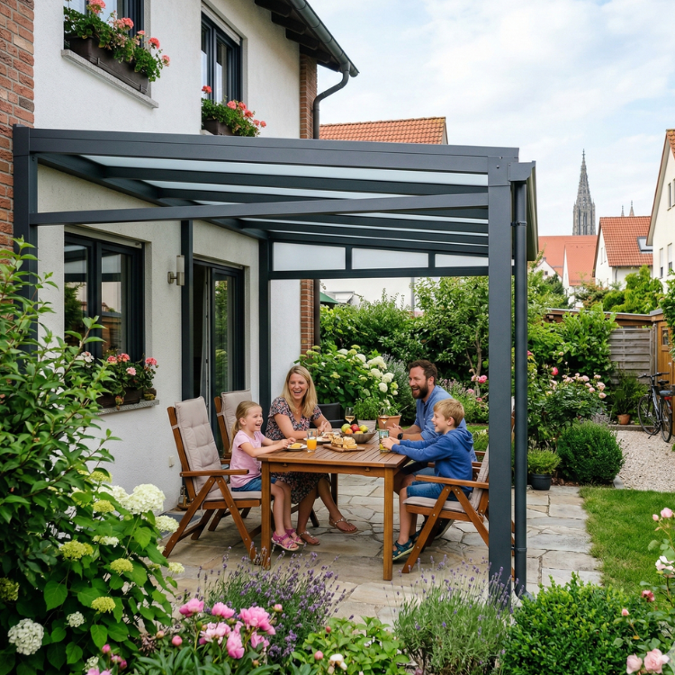 Terrassenüberdachung Ulm - Glückliche Familei sitzt in ihrem Garten
