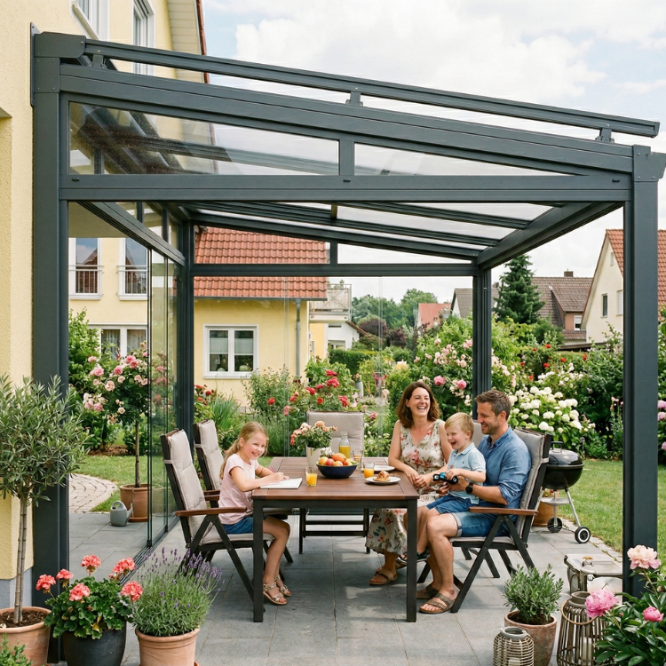 Terrassenüberdachung Wolfsburg - Glückliche Familie sitzt in ihrem Garten
