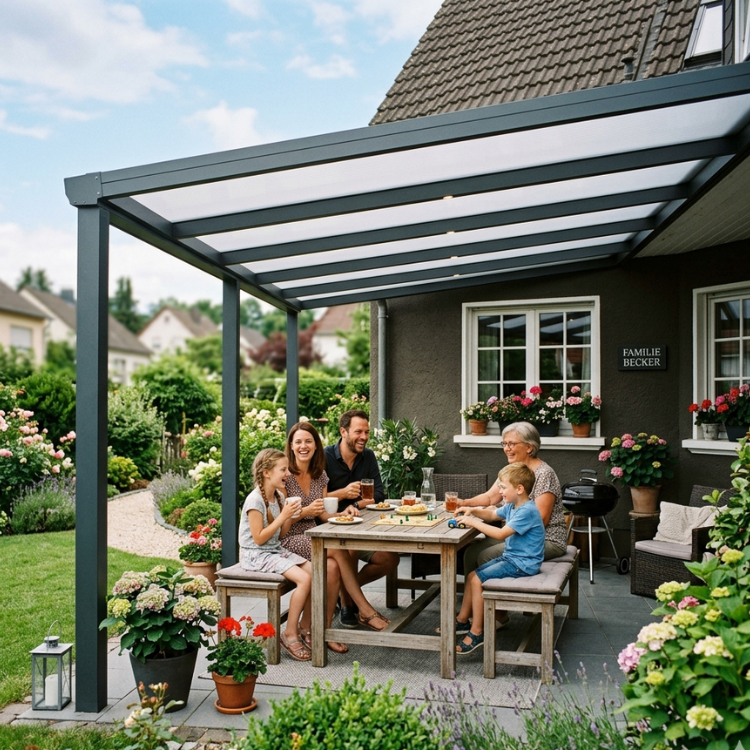 Baugenehmigung Terrassenüberdachung - Glückliche Familie sitzt unter ihrer neuen Überdachung