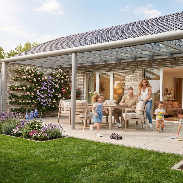 Fantasy Terrasse - Glückliche Familie unter ihrer Überdachung