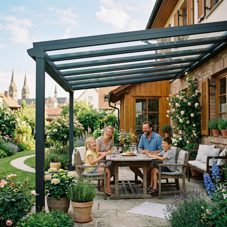 Terrassenüberdachungen Bamberg - Familie sitzt im Garten unter ihrer Pergola