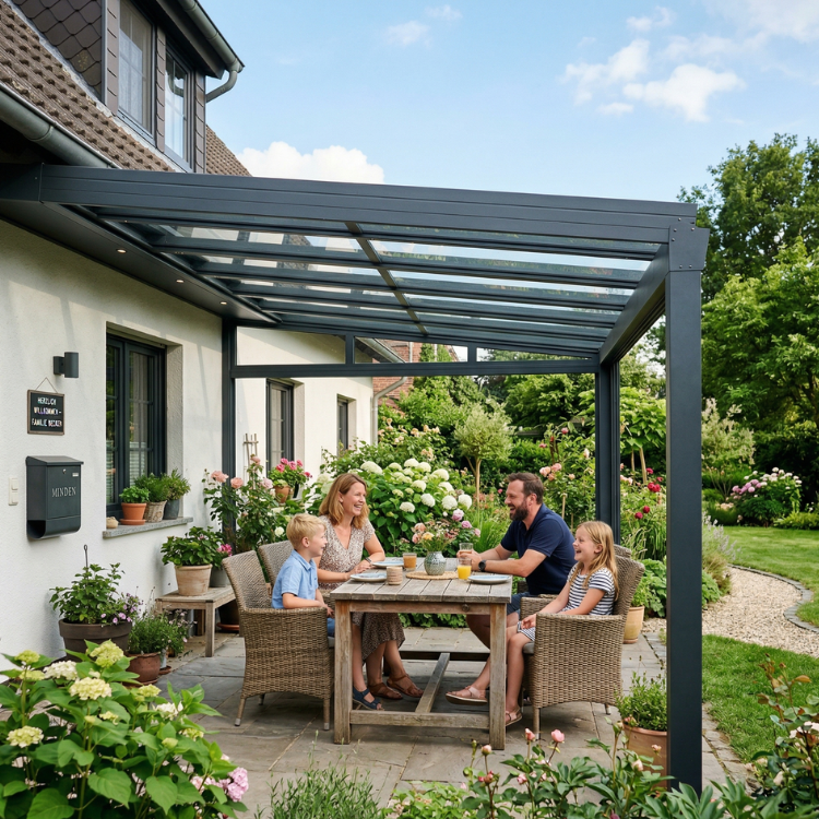 Terrassenüberdachung Minden - Familie sitzt zufrieden auf ihrer Terrasse