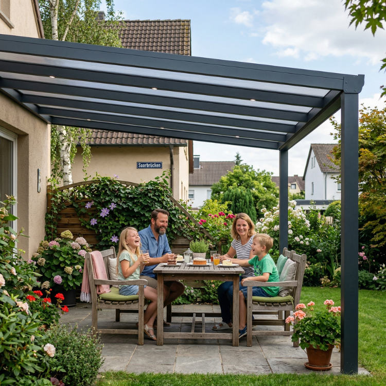 Terrassenüberdachung Saarbrücken - Eine glückliche Familie sitzt in ihrem Garten
